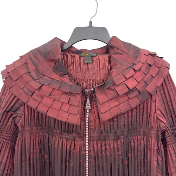 Jerry T Womens Pleated Burgundy Jacket With Unique Collar & Flared Sleeves Size - Picture 3 of 12